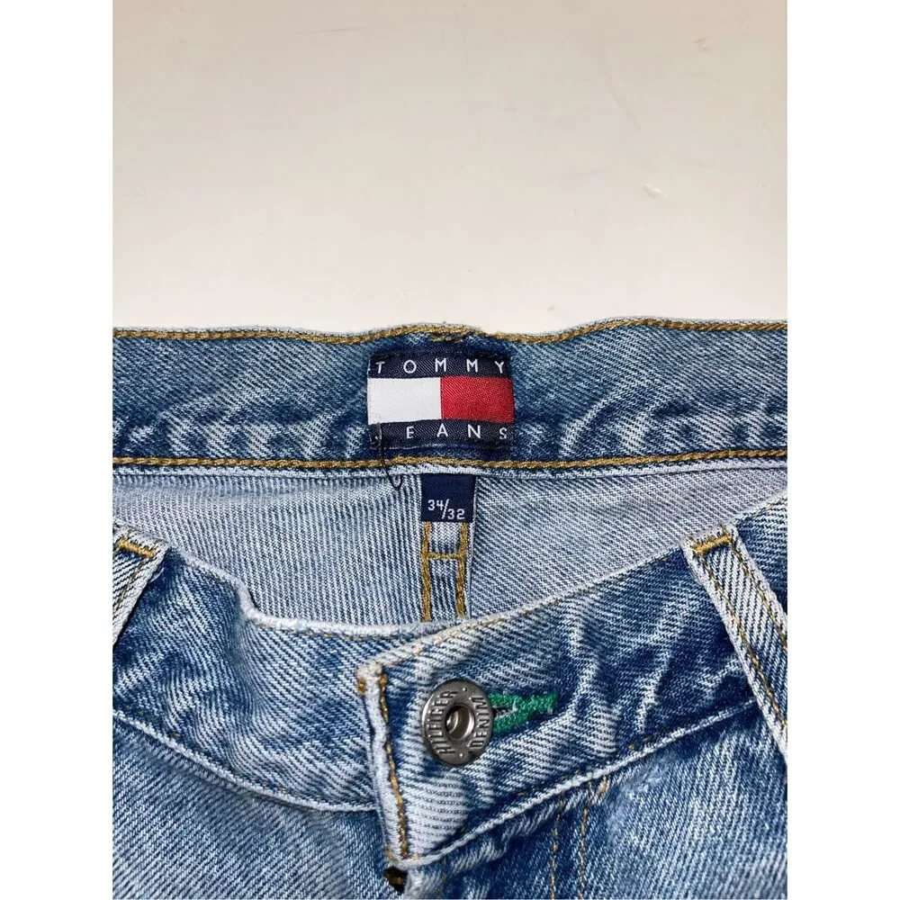 Tommy Hilfiger Jeans Mens 34x32 Blue Distress Whisker Grunge‎ Denim 1985 VTG